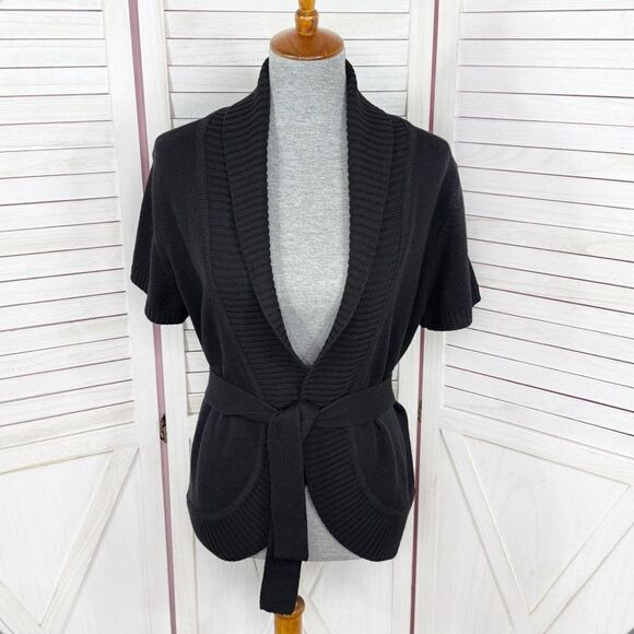 Belldini Shawl Collar Belted Cardigan Sweater Black Large Short Sleeve Open - Picture 1 of 13